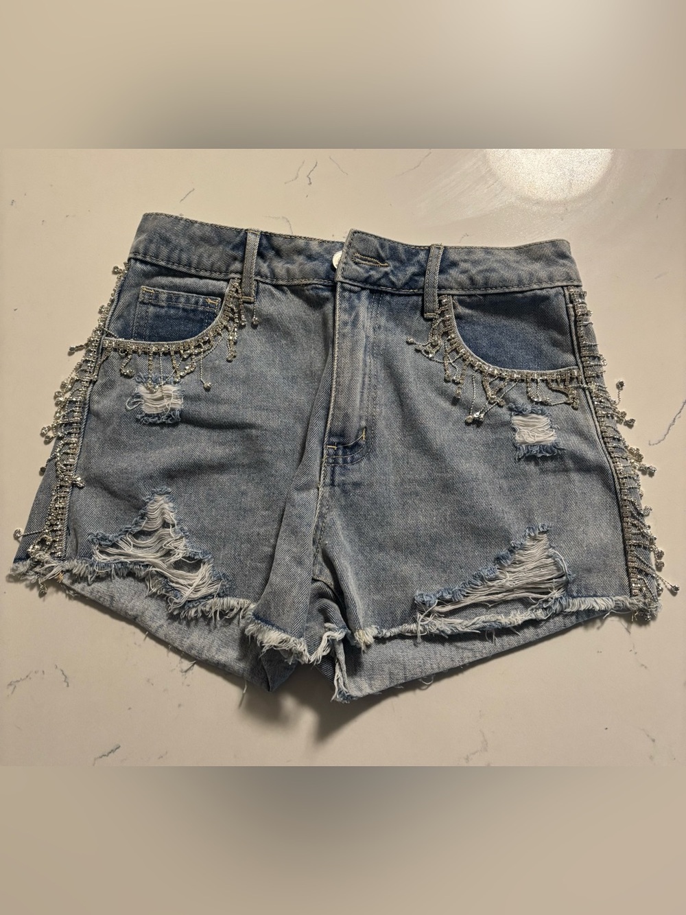 Distressed Rhinestone Fringe Jean Shorts - Small